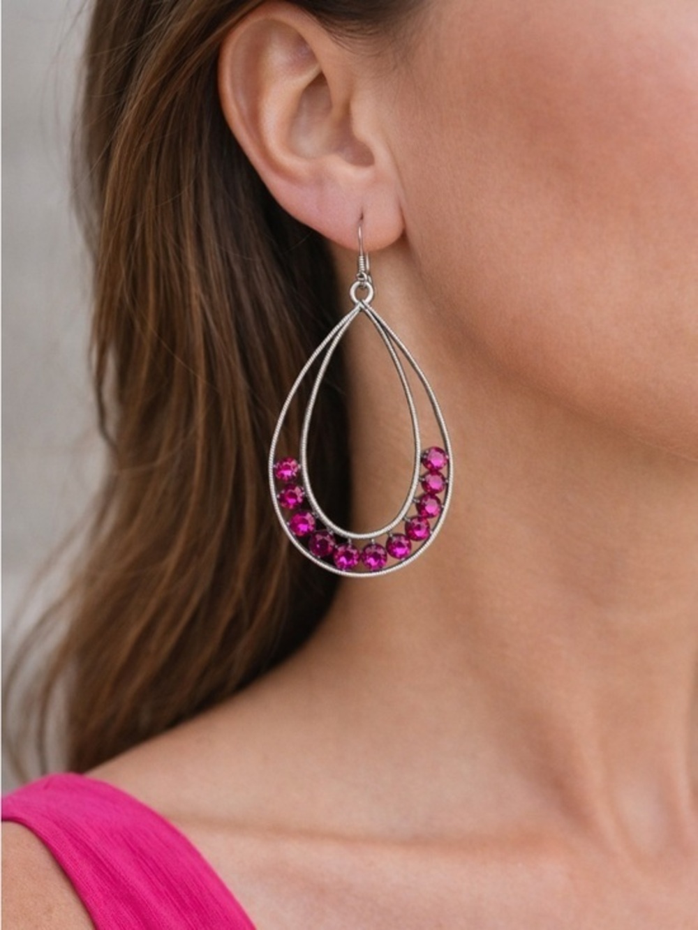 Silver Pink Rhinestone Teardrop Drop Earrings OS Elegant Statement
